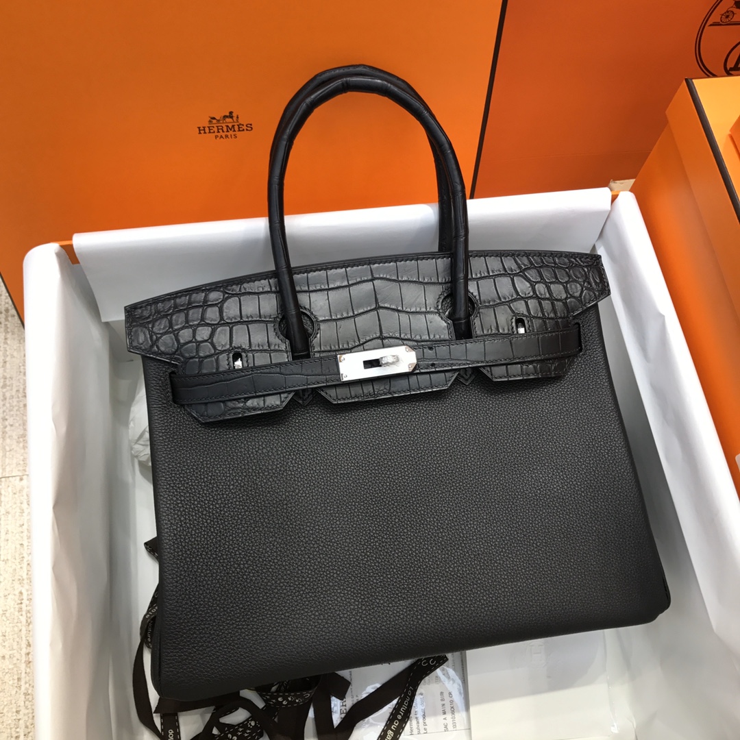 Hermes Touch Birkin 30CM Handbag In Black Clemence and Matte Alligator Crocodile Skin